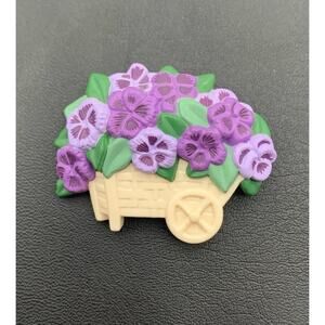 Vintage Hallmark Gardeners Brooch Pin Purple Pansy Flower Cart Spring